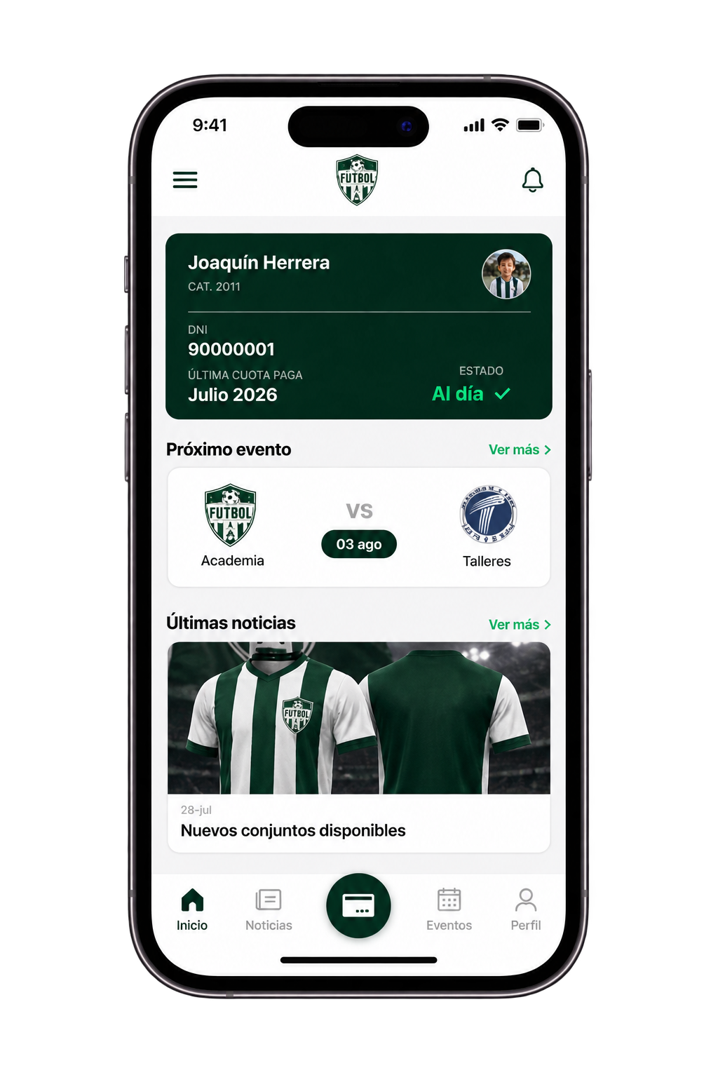 Pantalla de inicio de la app GestiApp: cuota al día, ficha del alumno, próximo evento y últimas noticias de la escuela